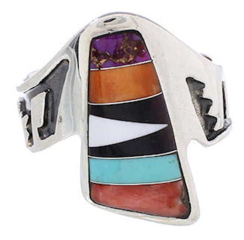 Southwest Sterling Silver Multicolor Inlay Ring Size 5-1/4 EX61173